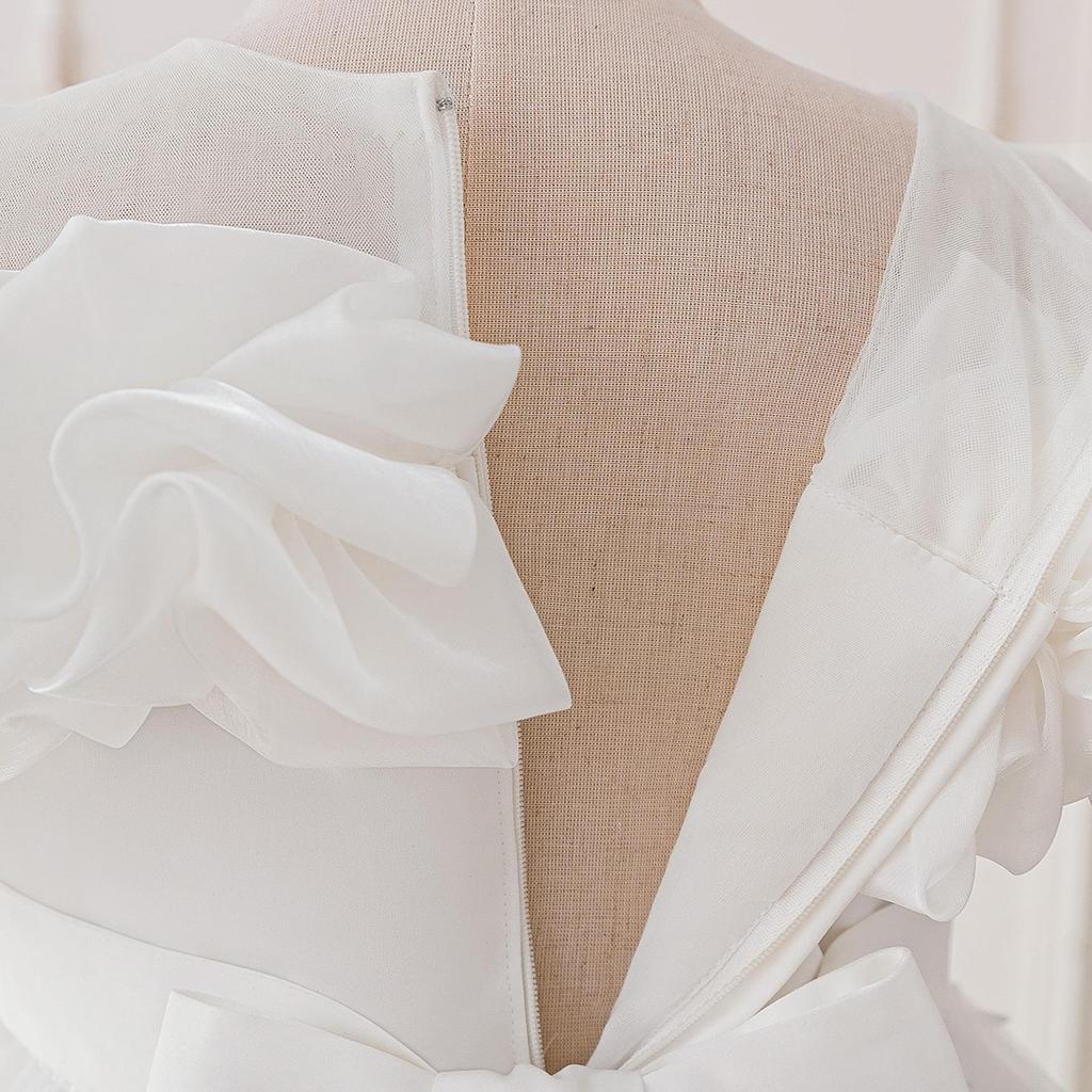 Abito da Principessa Ricamato con Perle per Bambina 4-12 Anni Moda Spalle Scoperte Manica a Sbuffo Abito in Rete Compleanno Matrimonio Damigella