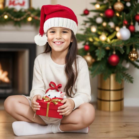 Santa Hat for Adults Kids Soft Knitted Christmas Hat Classic Red Parent-Child Skull Cap with Pompom for Xmas New Year Party Supplies