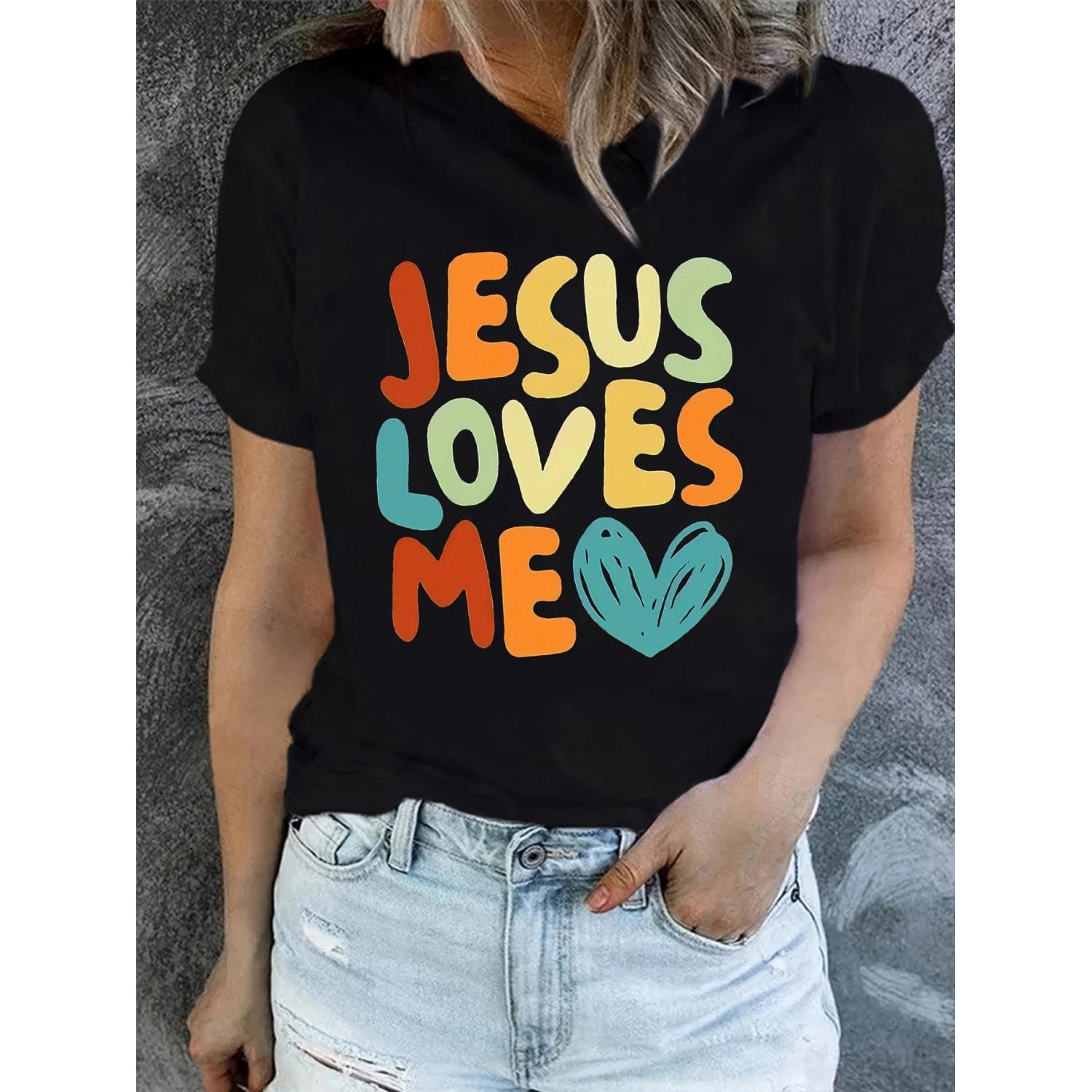 

Jesus Loves Me Heart Letter Short Sleeve T-shirts Crew Neck Casual Top for Summer Spring Women S Clothing S чёрный