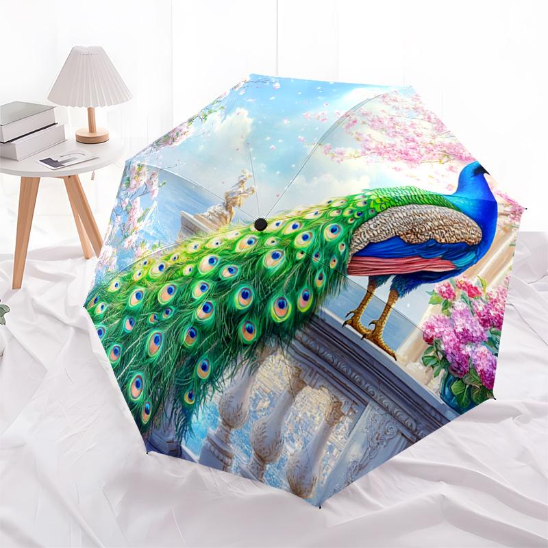 1 PC Automatic Folding Umbrella - Peacock Garden Pattern, Portable & Foldable Design with 8 Ribs, Christmas Birthday Gifts