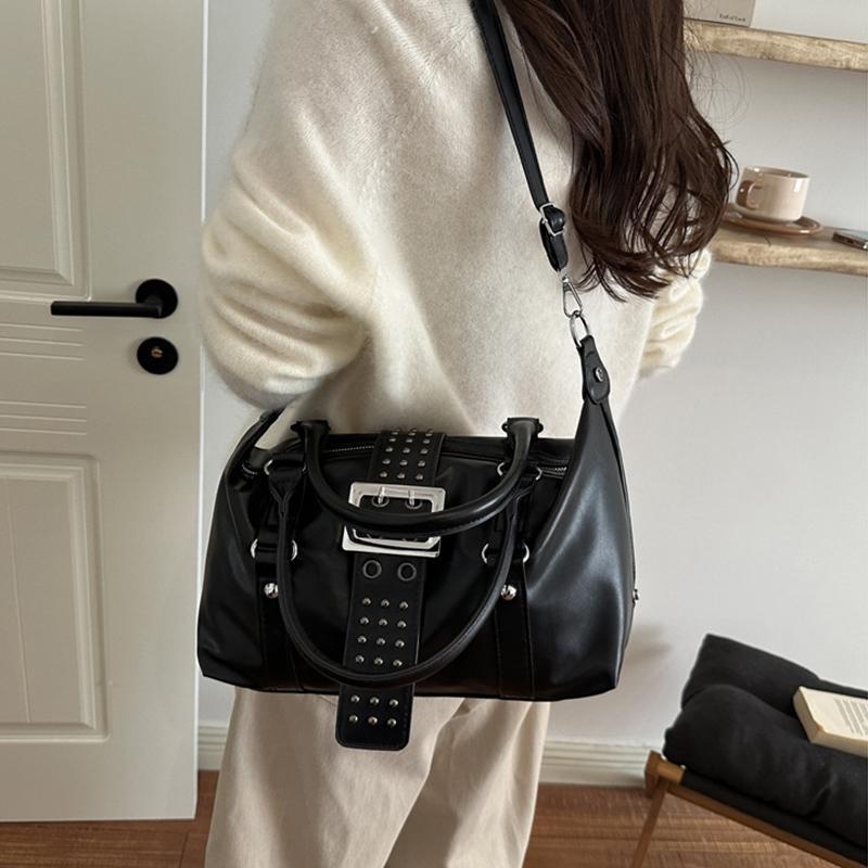 Yogodlns Women Y2K Bowling Handbag Retro Metal Buckle Design Shoulder Bag Vintage Faux Leather Detachable Strap Crossbody Bag for Shopper