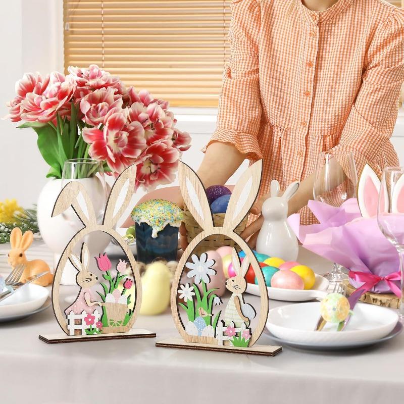 2pcs/set Easter Bunny Decor Wooden Ornament Home Party Decoration Wooden Craft Easter Themed Desktop Decorative Figurine