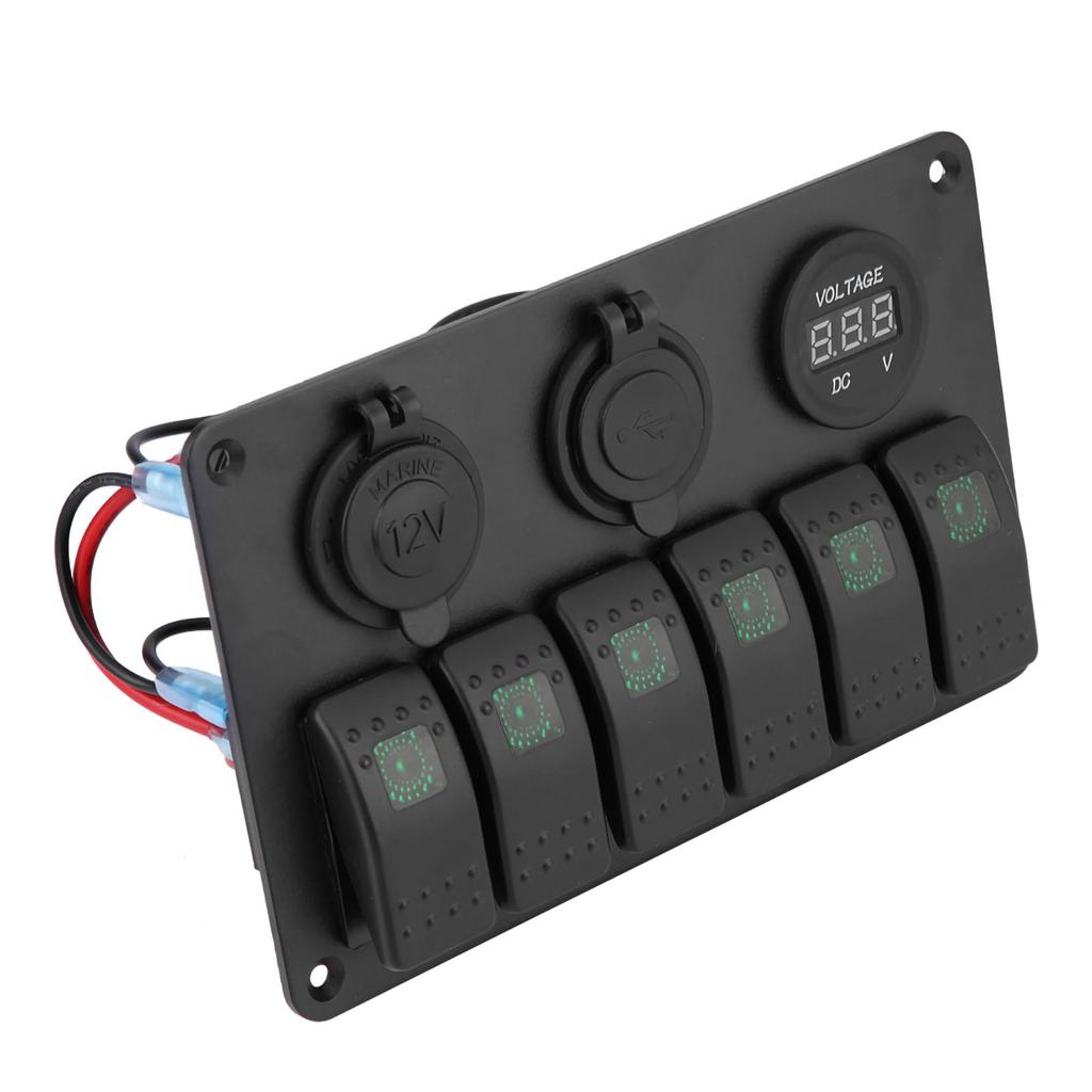 Rocker Switch Panel 24V 6 Gang Car Boat Marine LED Rocker Switch Panel Dual USB Voltmeter Cigarette Lighter (Green)