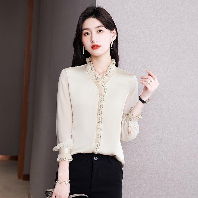 V-Neck Ruffle Chiffon Blouse - Women s Long Sleeve Spring 2026 Fashion Chic Top S абрикосовый