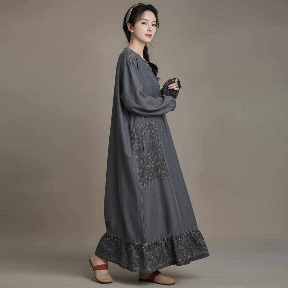 Johnature Women Vintage Dress Spring O-Neck Long Sleeve Patchwork Pockets Button Female Dresses