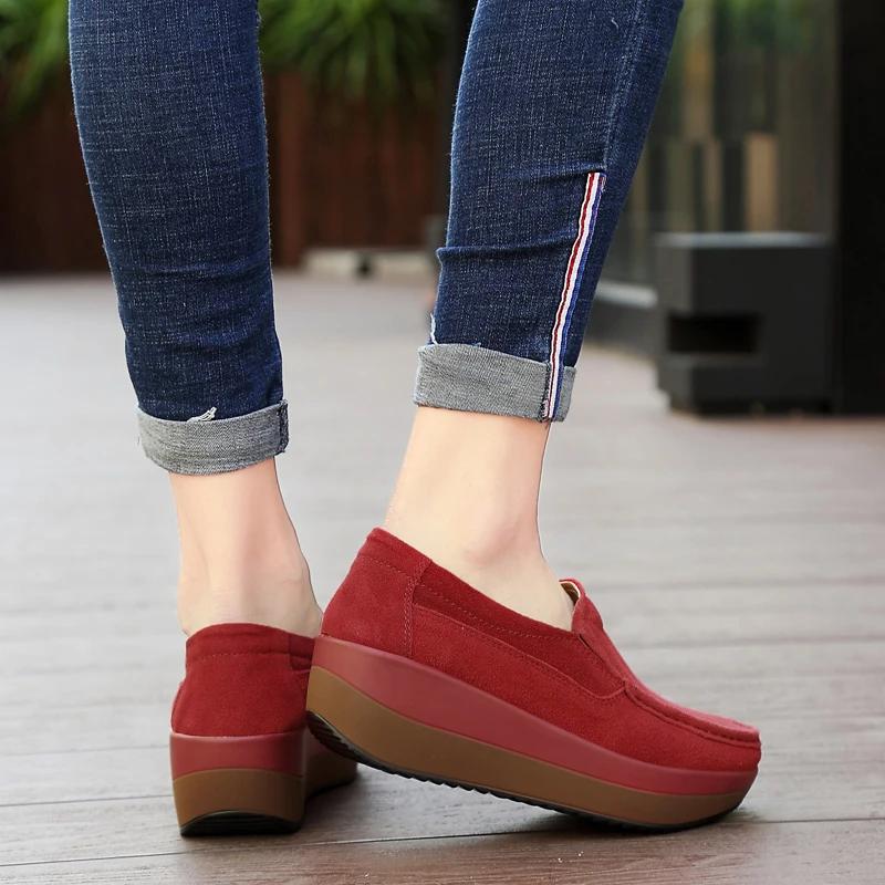 Women Flat Platform Loafers Ladies Elegant Suede Leather Shoes Slip On Women's Blue Casual Shoes