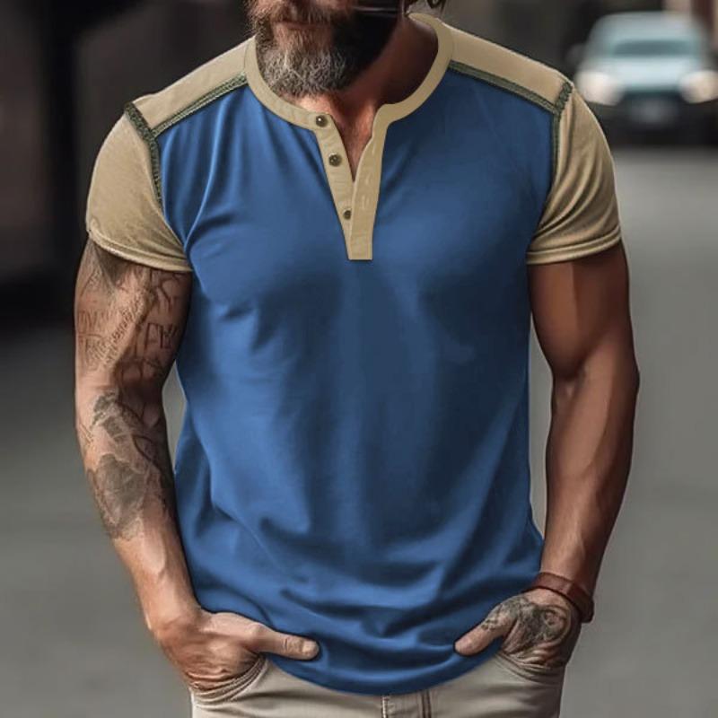 Мужская повседневная свободная футболка-henley с коротким рукавом и цветовыми блоками S синий
