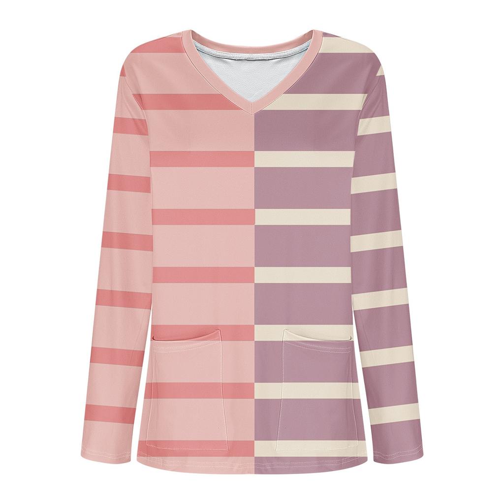 Women's Fashion V-Neck Long Sleeve Workwear With Pocket Striped Printed T-Shirt Top