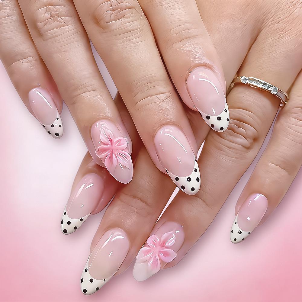 Medium Water Drop 3D Nail Set: European, American, Spring/Summer, Removable, 24-Piece, French Black Polka Dot Design.