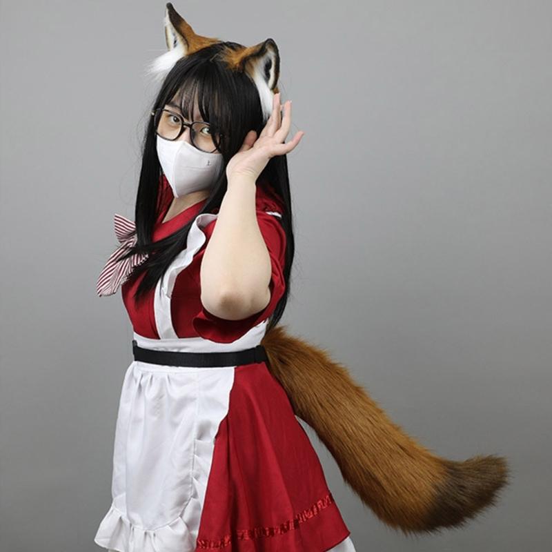 Fox Ears and Tail Set Furry Fox Ears Headband with Tail Halloween Cosplay Party Fox Costume Accessories for Kids-Adults