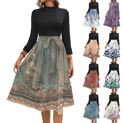 Women's Fashion Casual Belt Seven Sleeve Round Neck Floral Temperament Dresses