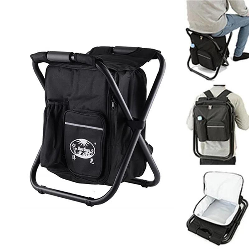 Portable Outdoor Multi-functional Folding Stool Portable Insulated Cooler Bag Backpackable Camping Beach Fishing Chair with Dual-shoulder Straps