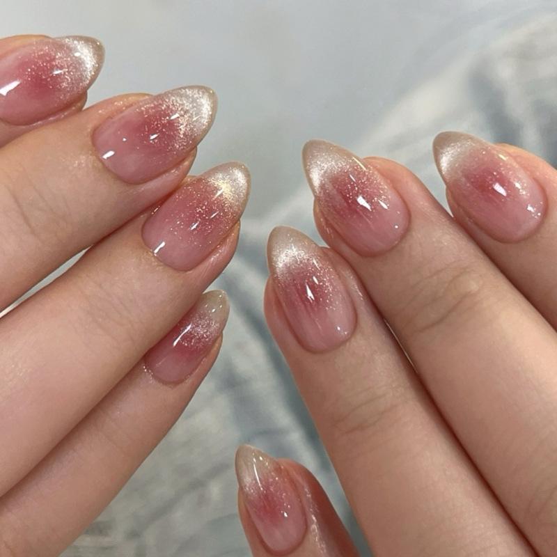 24pcs Glossy Red Cat's Eye Press On Nails Full Cover Nude Wearable Almond False Nails Charms Detachable Fake Nail For Girl