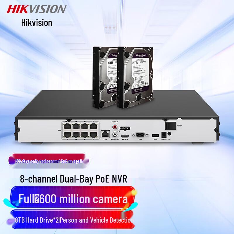 

HIKVISION 8-Channel 4K PoE NVR with 2x 8TB HDDs CN plug (adapter included)