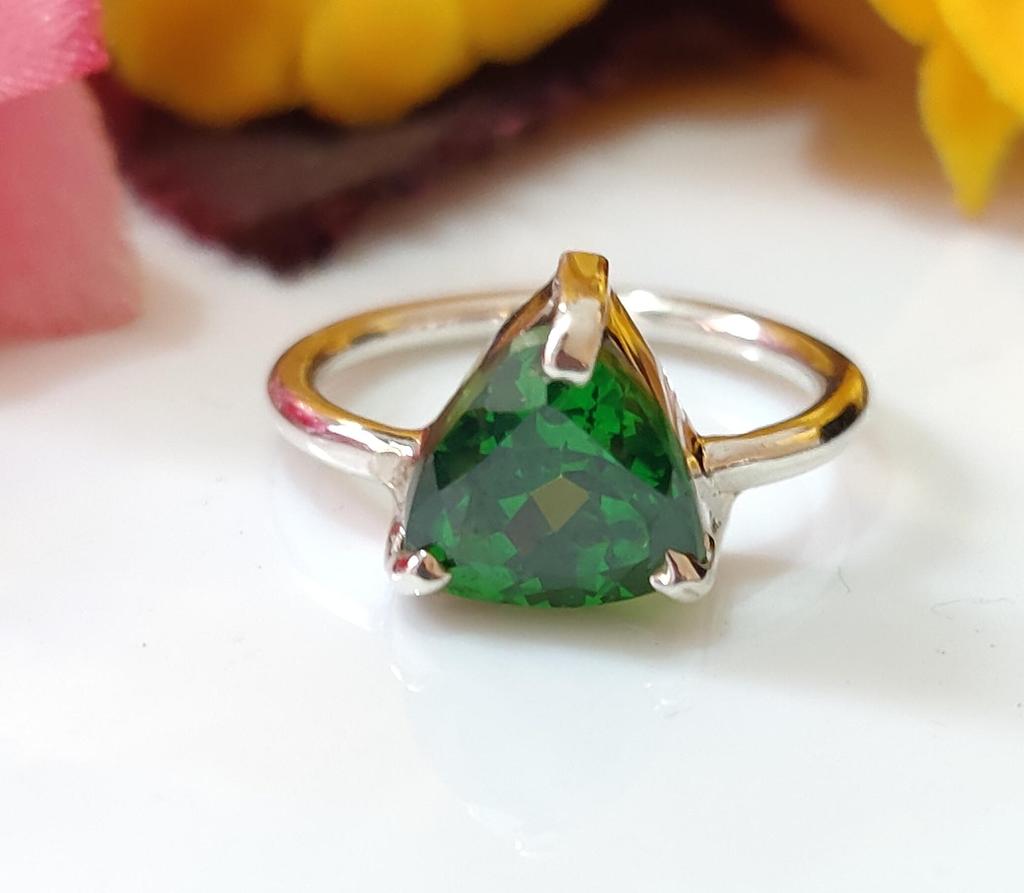 Women Emerald Ring, Statement Ring, 925 Solid Silver, Triangle Shape Gemstone, Green Colour, Boho Handmade Jewelry