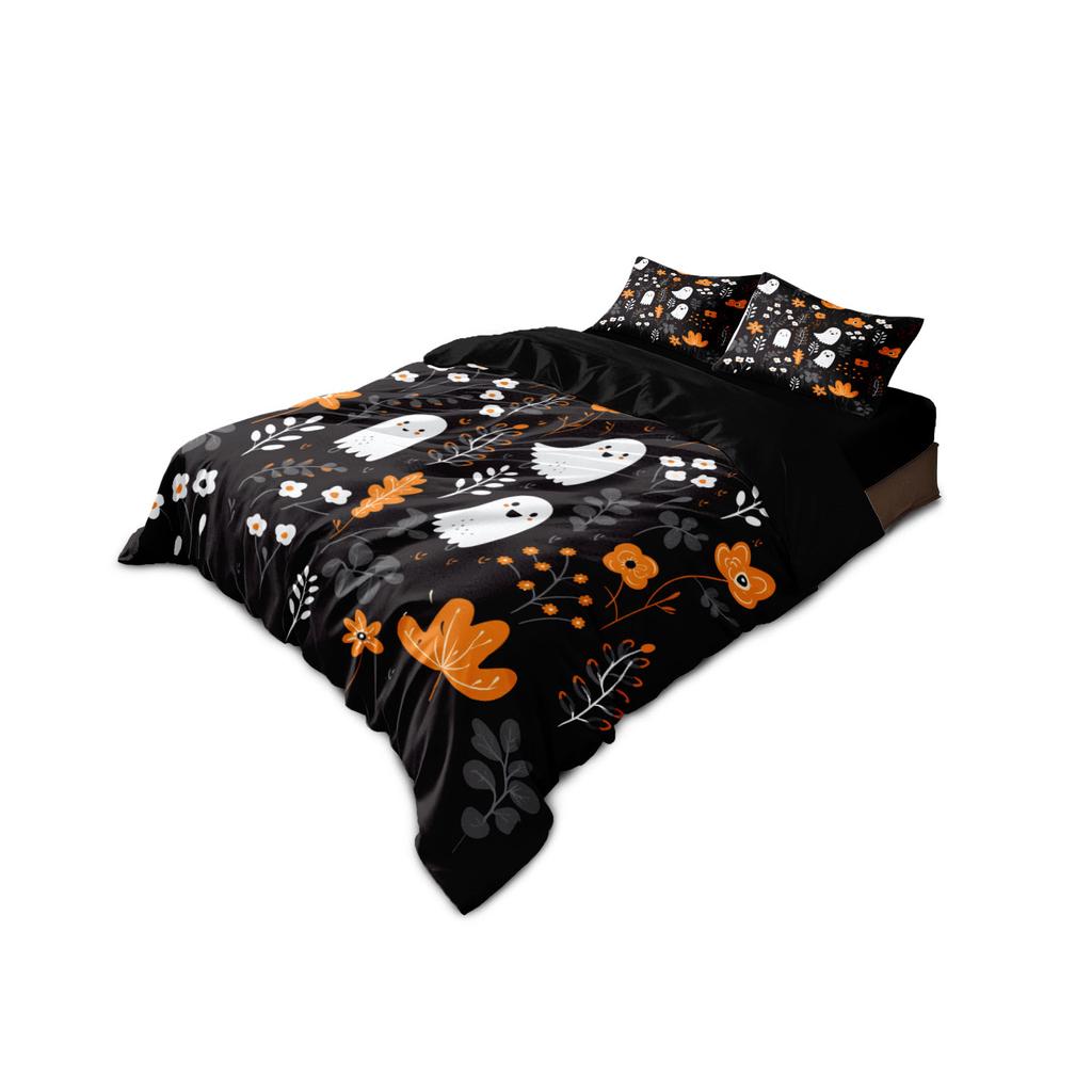 3pcs Halloween Cute Ghost Flower Print Coreless Quilt Set Multi Size Bedrooms Dormitory Soft and Comfortable Machine Washable