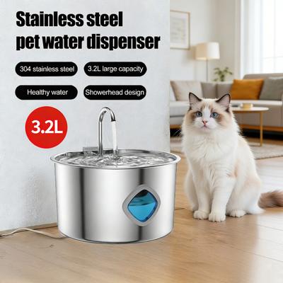 3.2L Pet Water Fountain Stainless with Water Level Steel Cat Water Fountain Window Quadruple Filtration Silent
