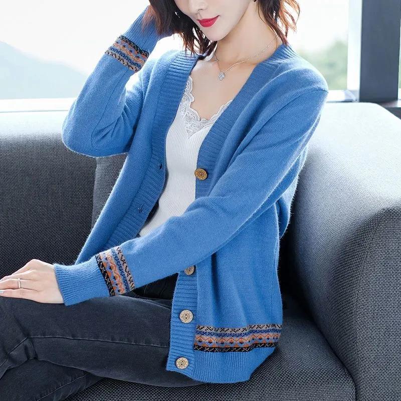 Sweaters Coat Cardigan for Women Spring Versatile Solid Color Loose Long Sleeve Knit Sweaters Coat S синий