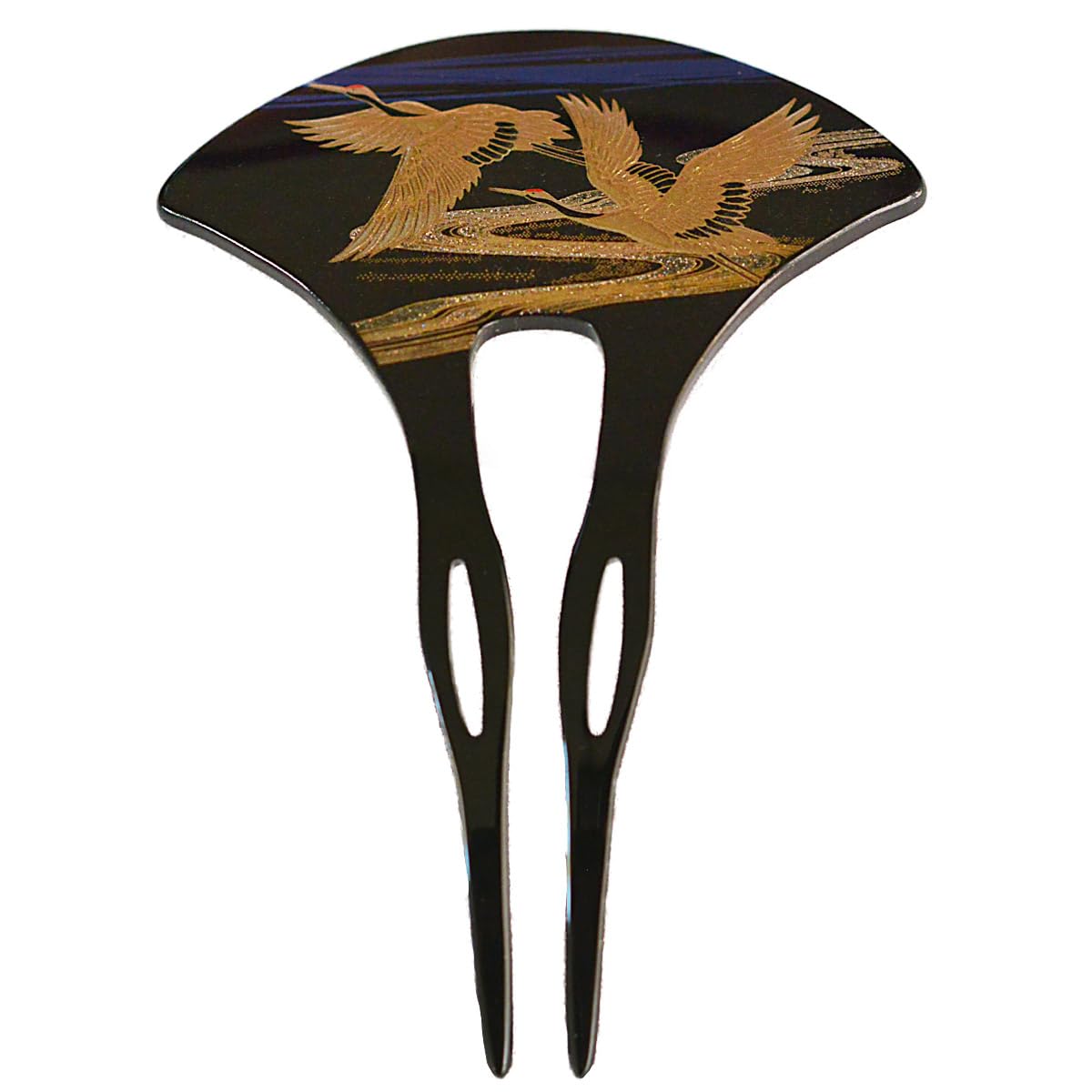 Traditional Craftsmanship Lacquerware Kanzashi (Hairpin) - Miyabi Tsuru (Crane) Honmaki-e (Authentic Maki-e) Yamanaka Lacquerware - Fan-shaped,