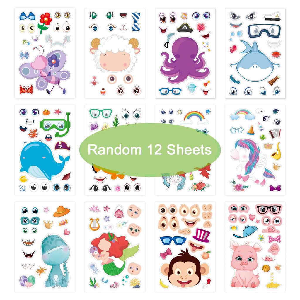 12Sheets Children DIY Puzzle Sticker Games 12 Animals Face Funny Assemble Jigsaw Stickers Kids Educational Toys Boys Girls Gifts