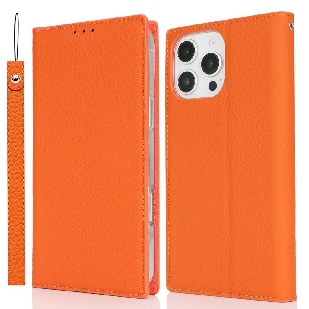 For iPhone 16 Pro Max Wallet Case Genuine Cow Leather Phone Cover Litchi Texture