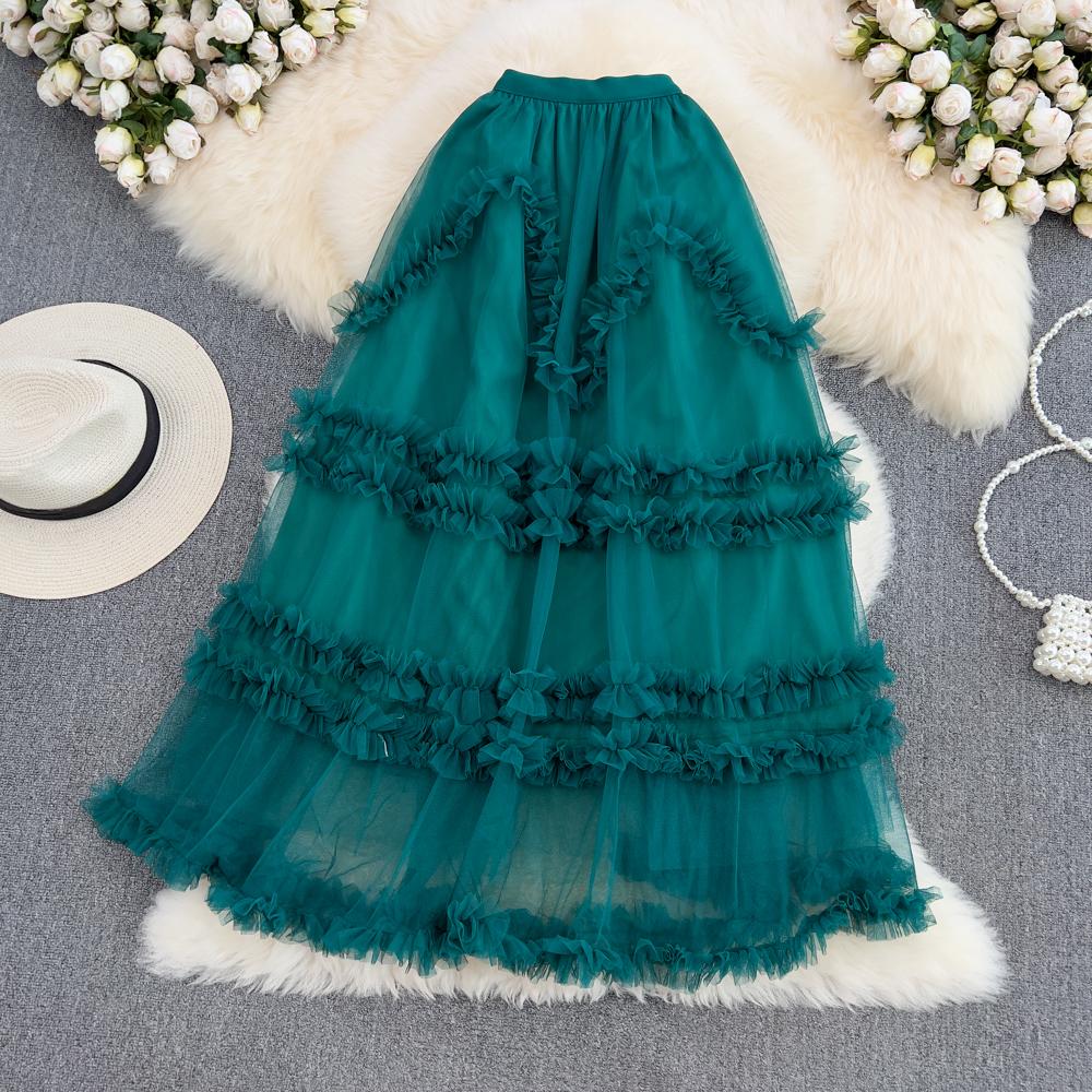 Elastic Waist Fairy Mesh Cake Skirt A-Line Skirt Summer Korean Version High Waist Slim All-Match Midi Skirt
