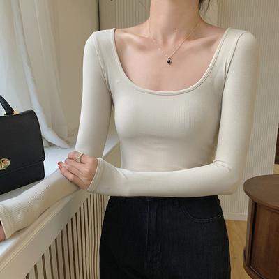 Baumwoll-Unterhemd mit Gewinde für Damen, Herbst, neuer Stil, langärmlig, eng anliegendes T-Shirt, sexy sexy Oberteil
