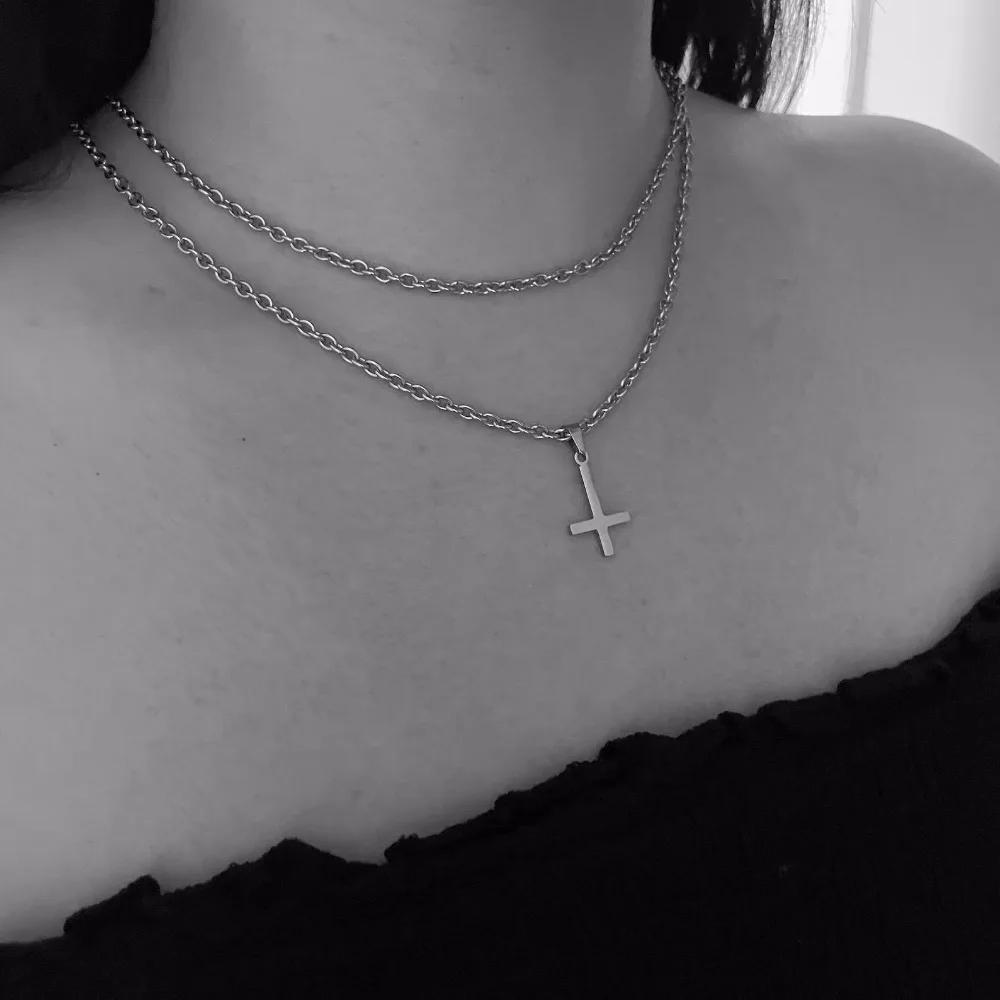 Punk Personality Stainless Steel Sliver Color Inverted Cross Pendant Double-layer Chain Necklace for Women Fashion Goth Jewelry