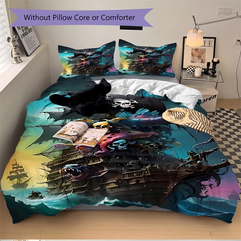 3pcs Pirate Ship Bedding Set - Includes One Quilt Cover and Two Pillowcases (No Core) - Home Decor, Festival Gift, Polyester Fabric, Anime Cartoon Des