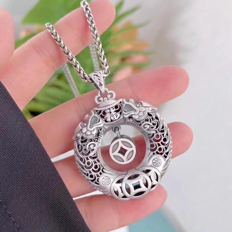 Necklace Double Dragon Playing with Pearls to Protect the Lord and Safe Button Retro Men's and Women's Pendant