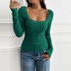 Women's Solid Casual Slim Fit Threaded U Neck Lace Long Sleeve T-Shirt