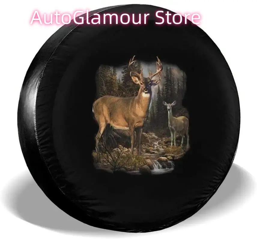 Foruidea Deer in Woods Stream Buck Doe Hunting Tire Cover Waterproof Dust-Proof UV Sun Wheel Tire Cover Fit for