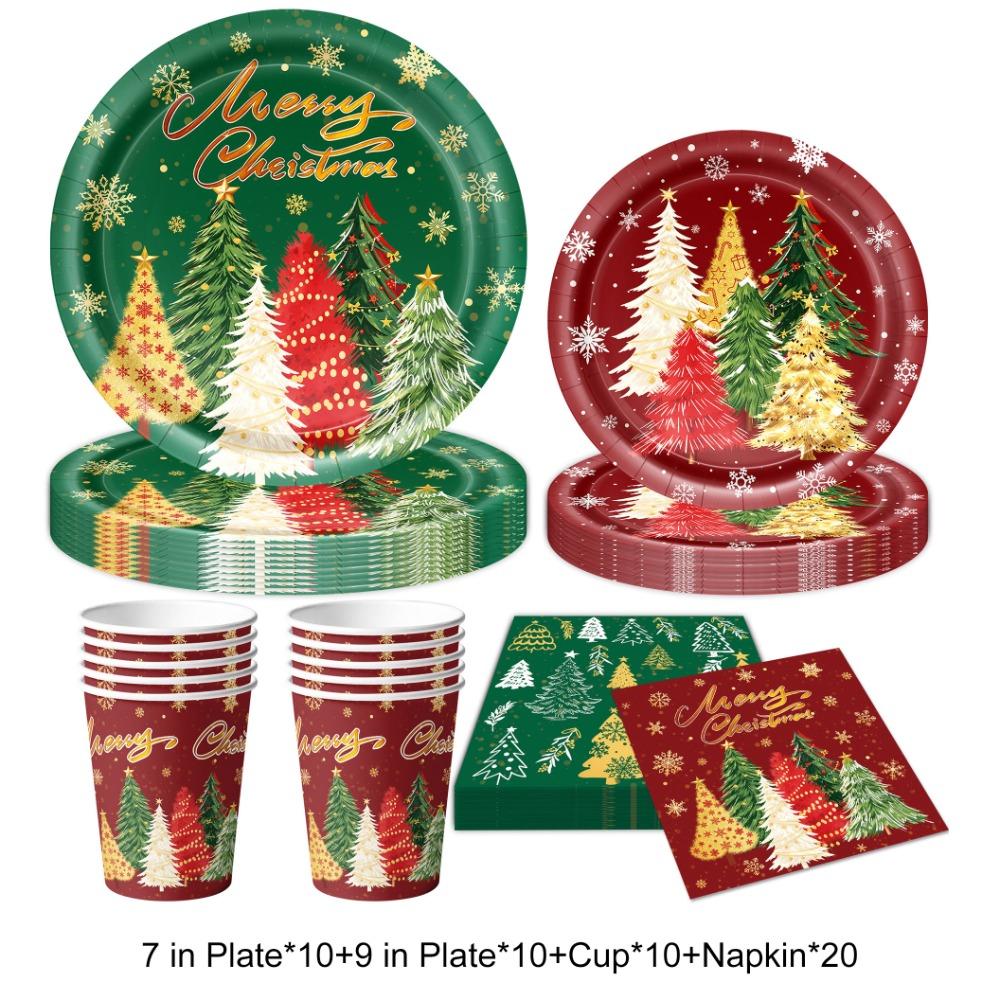 Christmas Tree Pattern Disposable Tableware Set Party Plate Cup Napkin Tablecloth  Family Dinner