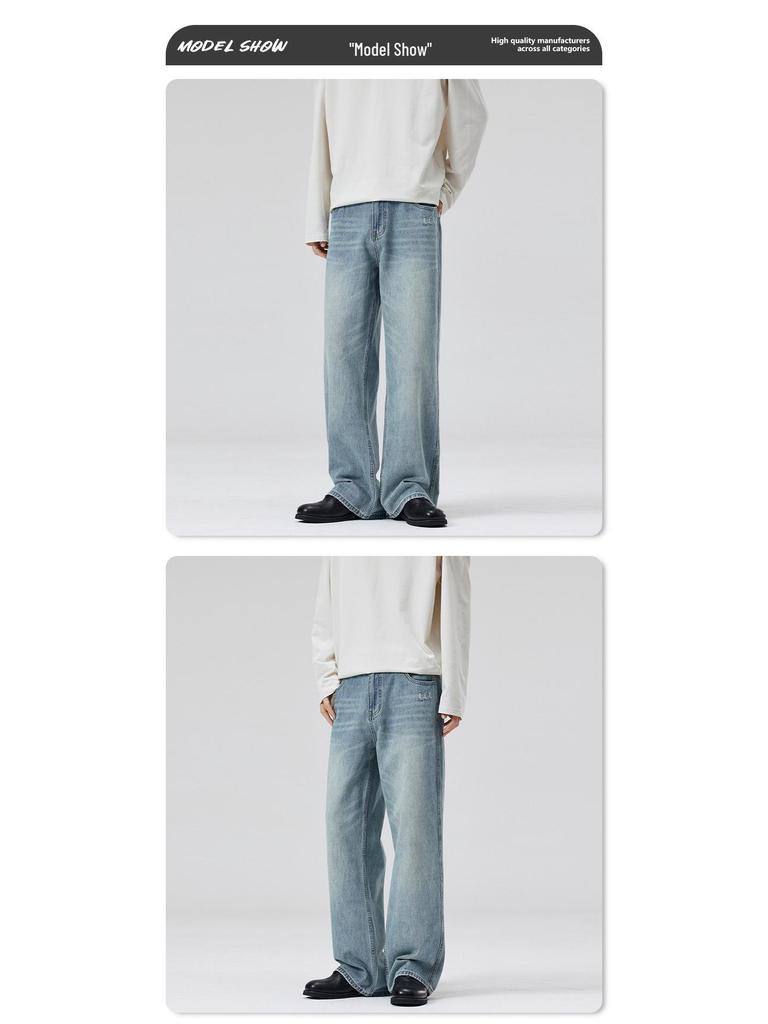 LKTM Men's & Women's Trendy Light Blue Washed Jeans - Versatile Loose Straight Leg Pants for Spring/Summer