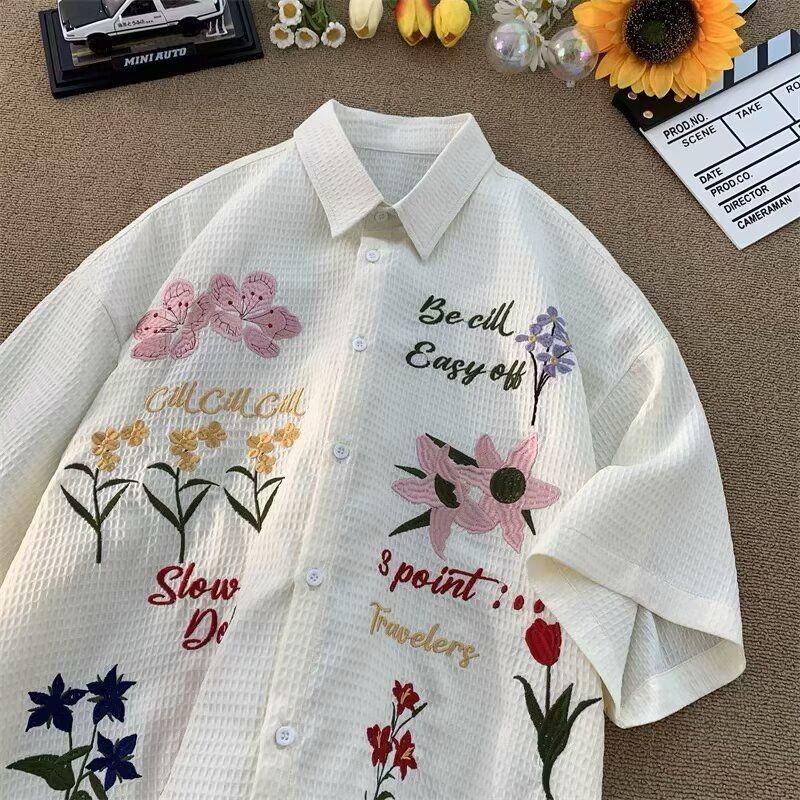Kolorowa koszula damska z haftem kwiatowym, koszule z krótkim rękawem, luźne casualowe, letni damski oddychający top zapinany na jeden guzik