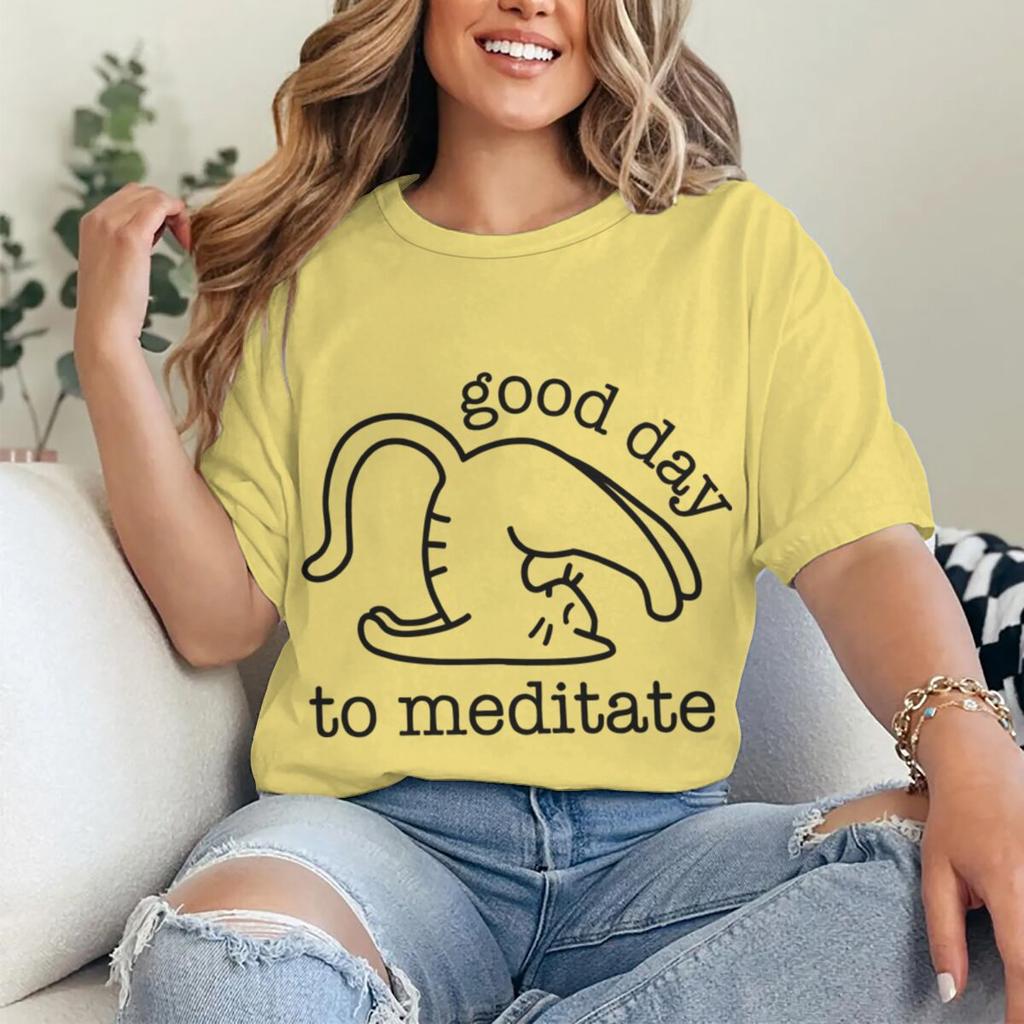 Cute Cat Yoga T Shirts Good Day To Meditate Retro Graphic Tees Women Unisex Short Sleeve Mom Dad Fun Casual Round Neck Tshirts