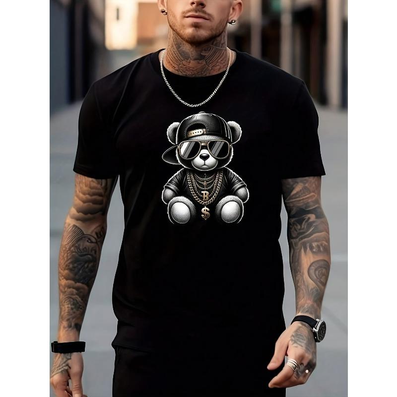 

European sizes Bear Pattern Print Men s Crew Neck Short Sleeve T-shirt, Summer Outdoor 4XL чорний