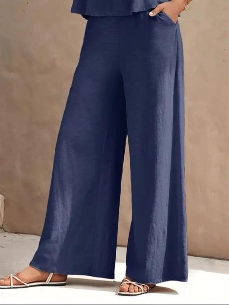 Versatile Two-Piece Set: Round Neck Sleeveless Top & Wide-Leg Pants - Casual Solid Color Ensemble