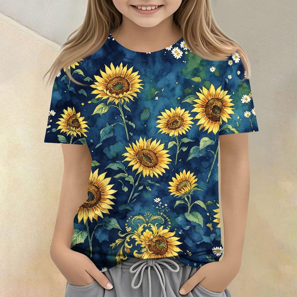Girls Floral Print Casual Loose Fit Short Sleeve T Shirt Crew Neck Comfortable Everyday Wear Top for Kids