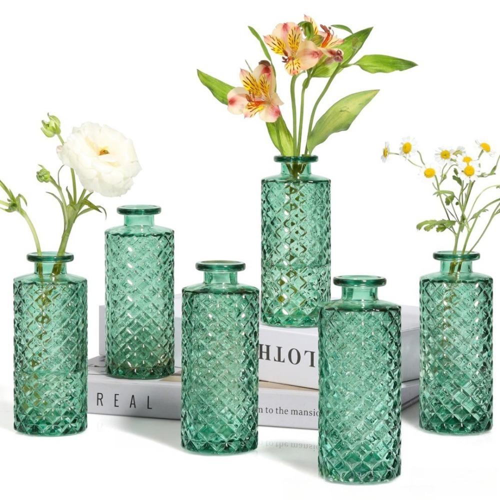 6pcs Coloful Vintage Vase Glass Relief Vase Hydroponic Flower Glass Vase Home Table Flower Decor Wedding Party Decorations