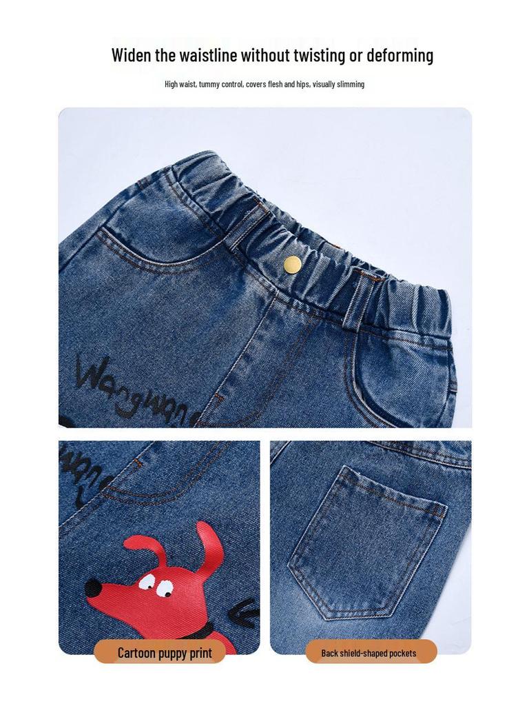 Girls' Cartoon Jeans - Spring/Autumn, Korean Style Loose Fit, Wide-Leg Trousers for Kids