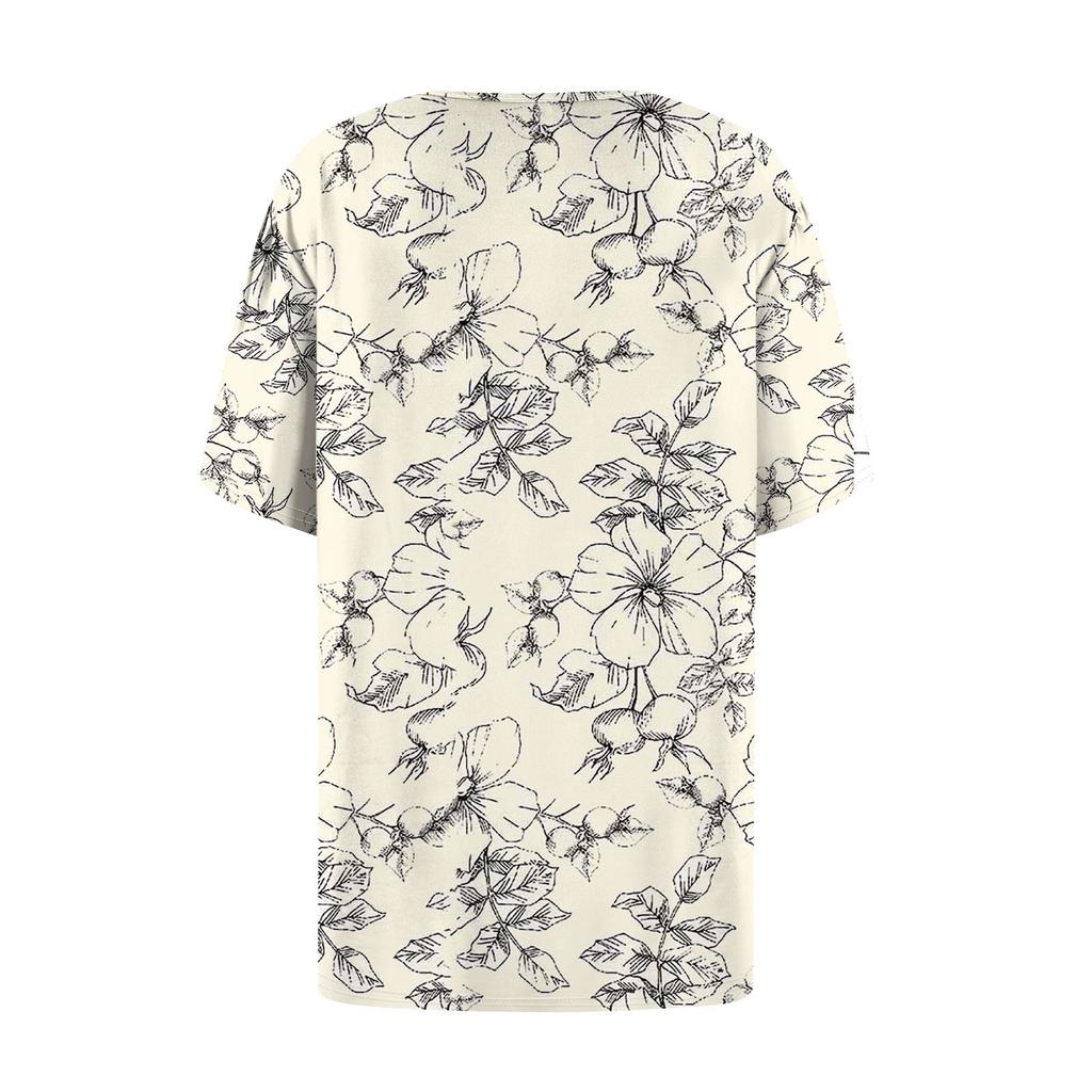 טופ פולובר אופנתי לנשים עם שרוולים קצרים, כפתורים, הדפס פרחוני, צווארון עגול