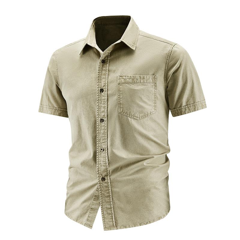Solid Color Short Sleeved Men's Shirt Washed With Pure Cotton, With A Flanged Style, Sporty And Casual Loose Fit Shirt