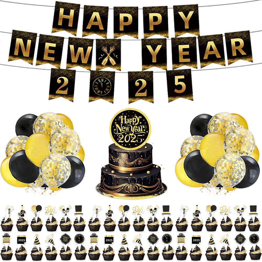New Years Eve Tableware 2025 Black Gold Theme Balloon Package Cup Napkin Tablecloth Banner Balloon Happy New Year Party Supplies
