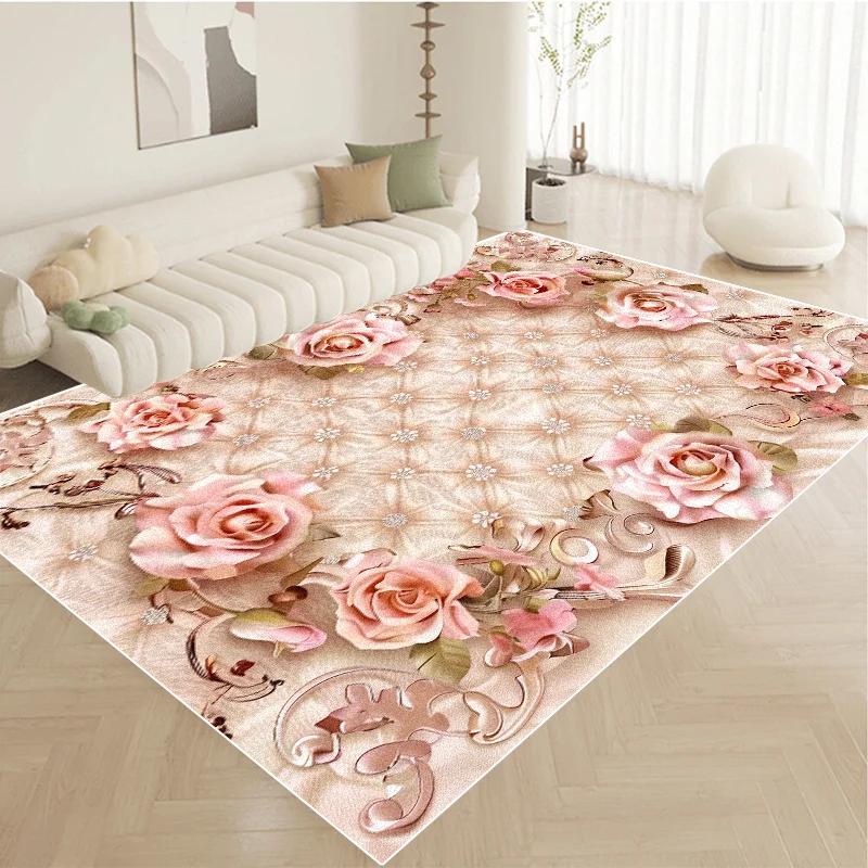 Nordic Luxury Pink Carpet Living Room Large Size Pastoral Flower Home Bedroom Rugs Washable Lounge Rug Hotel Lobby Floor Mats