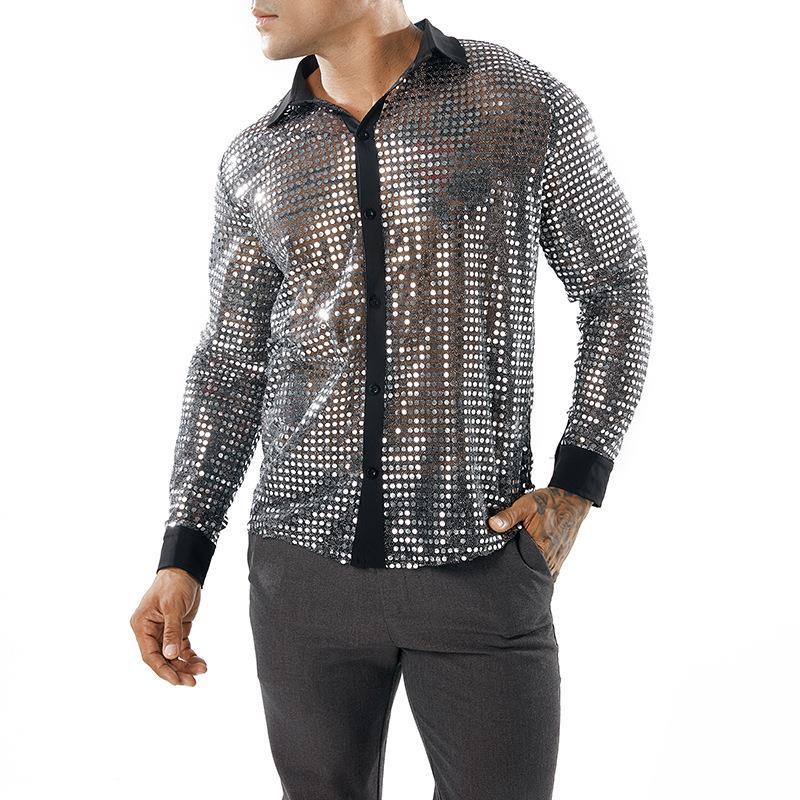 Mens Long Sleeve Performance Wear Scale Shirt Long Sleeve Collar 70s Disco Party Clothes
