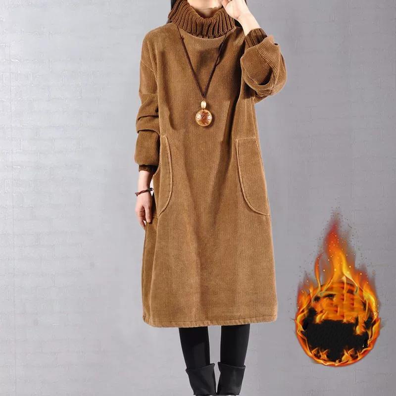 Thickened Corduroy Sweatshirt Dress Women's Vintage Long Skirt Fleece High Collar Lampwick Dress Winter Commute Style