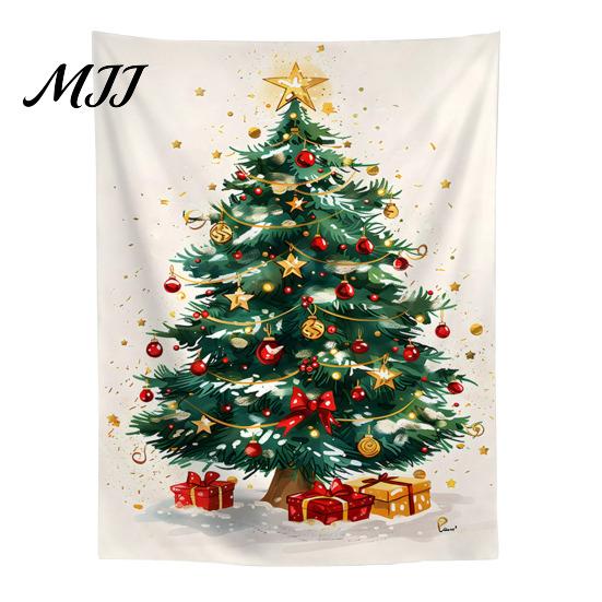 Indoor Holiday Wall Art Merry Christmas Tapestry, Hanging Fabric Backdrop, Xmas Tree Winter Seasonal Room Ornament for Living Room, Bedroom