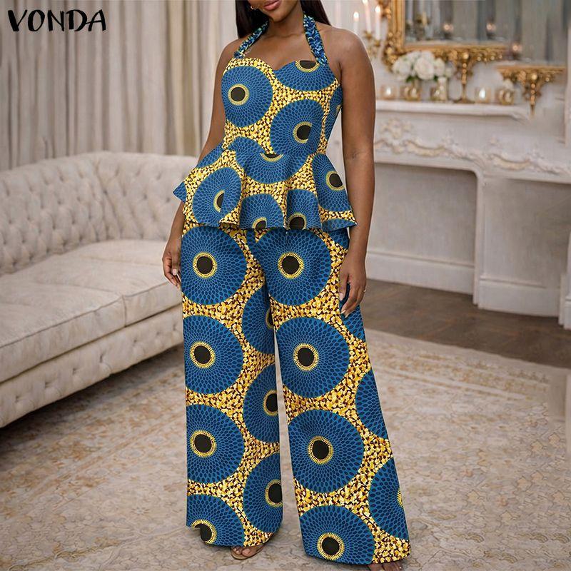 VONDA Two Piece Suit Women Sleeveless Floral Print Halter Tops and Long Pants Casual Sets