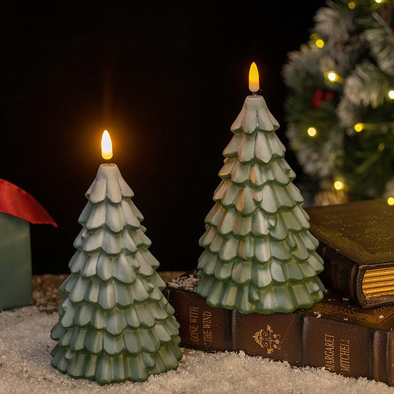 Christmas Tree Shaped Led Candles, Flameless Pillar Candles, Battery Operated Led Candle With 3D Flame Wick, Green Candles